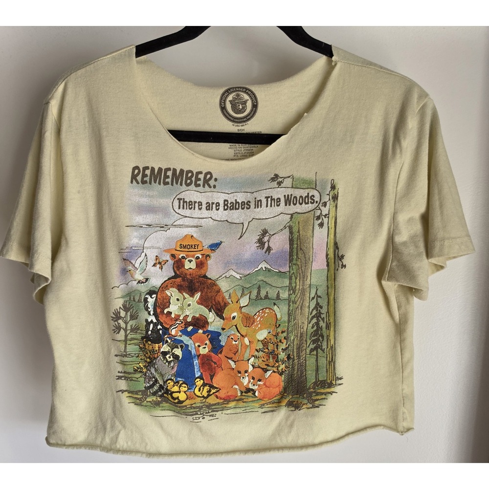 Smokey Bear Crop T-Shirt Women S Yellow Short Sleeve Retro Tee Top Distressed
